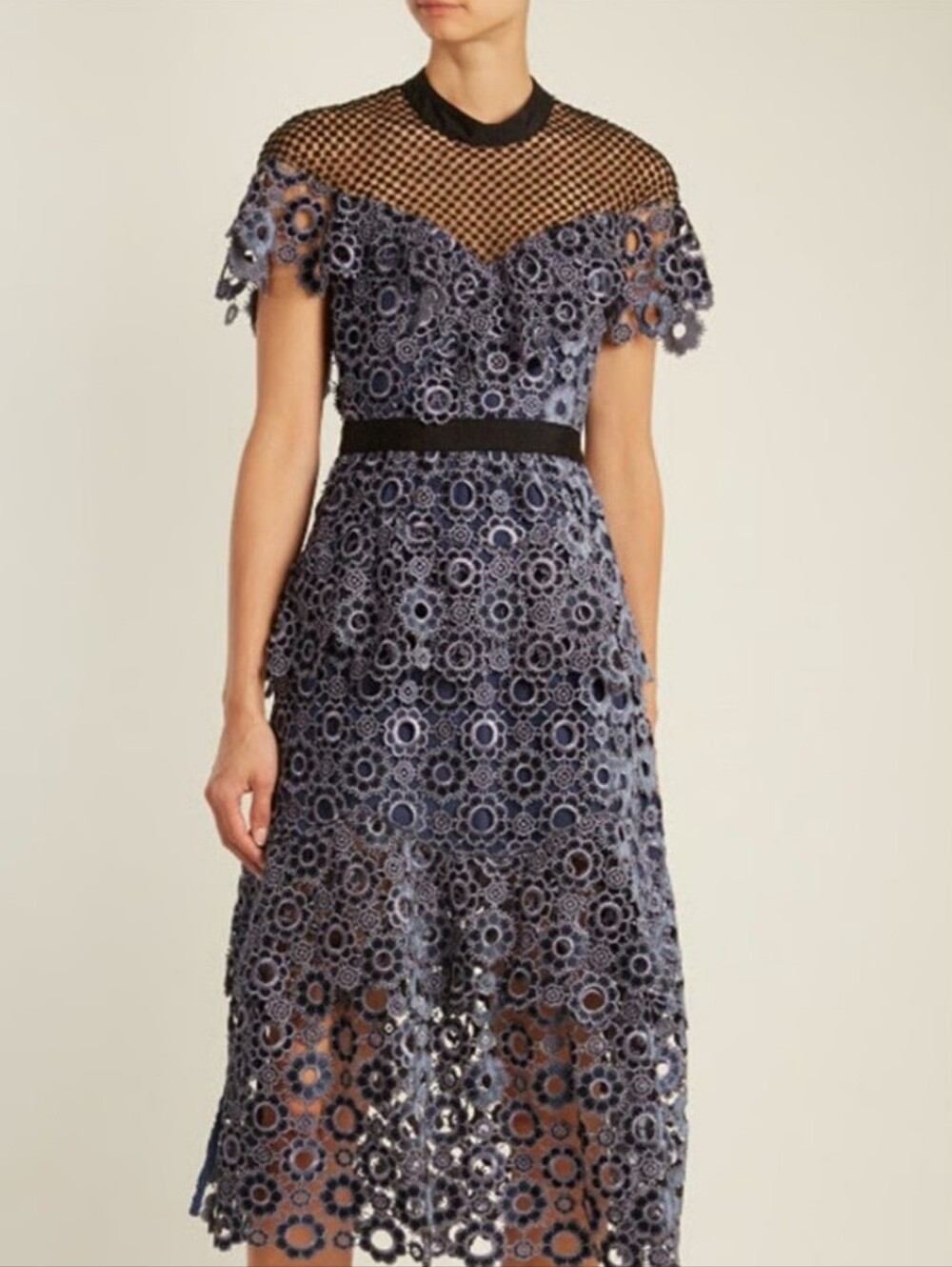 NWT Self-Portrait Sweetheart Yoke Frill Lace Midi Dress Slate Blue - Picture 6 of 16